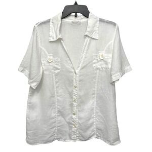 Haris Cotton White Linen Blouse Button Up Top Womens Size Large White Pockets